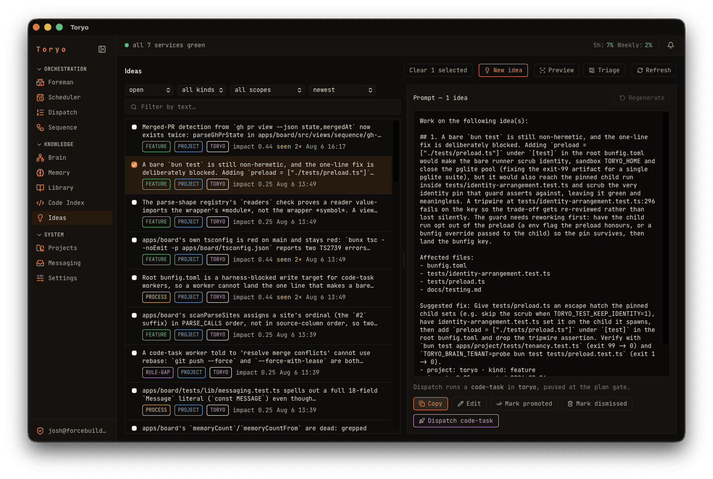 Ideas view showing durable findings, their sources, and controls for promoting or dismissing them.